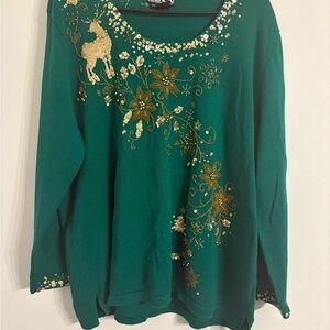 Vintage Berek 1X Green Christmas Sweater Beaded Reindeer & Poinsettias